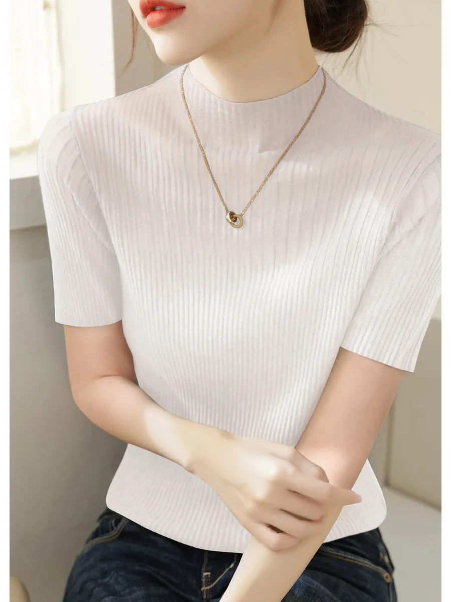 Women's Mesh Half-turtleneck Slim-fit Short-sleeved Sweater - White