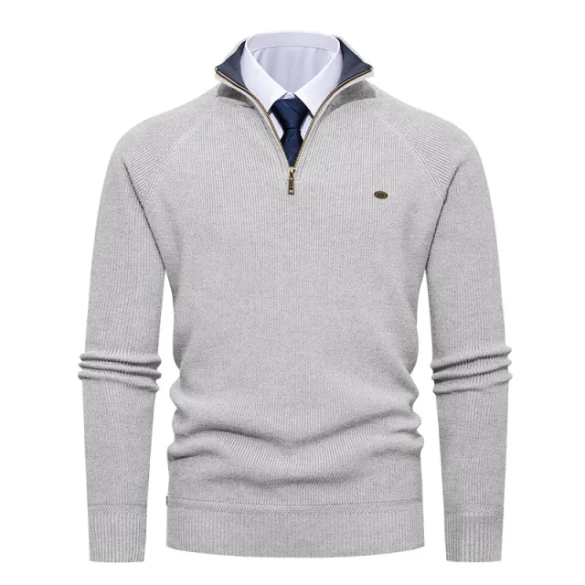 Men's Half Zip Stand Collar Solid Color Casual Knit Sweater Light Gray - Shop at LoveMi
