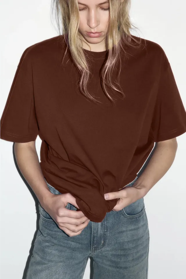 Arrival Cotton Crew Neck Solid Color Versatile T Shirt Brown - Shop at LoveMi