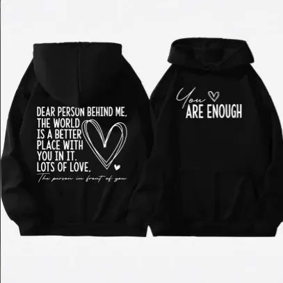 New YOU ARE ENOUGH Lettered Casual Hoodie Black And White Logo - Shop at LoveMi