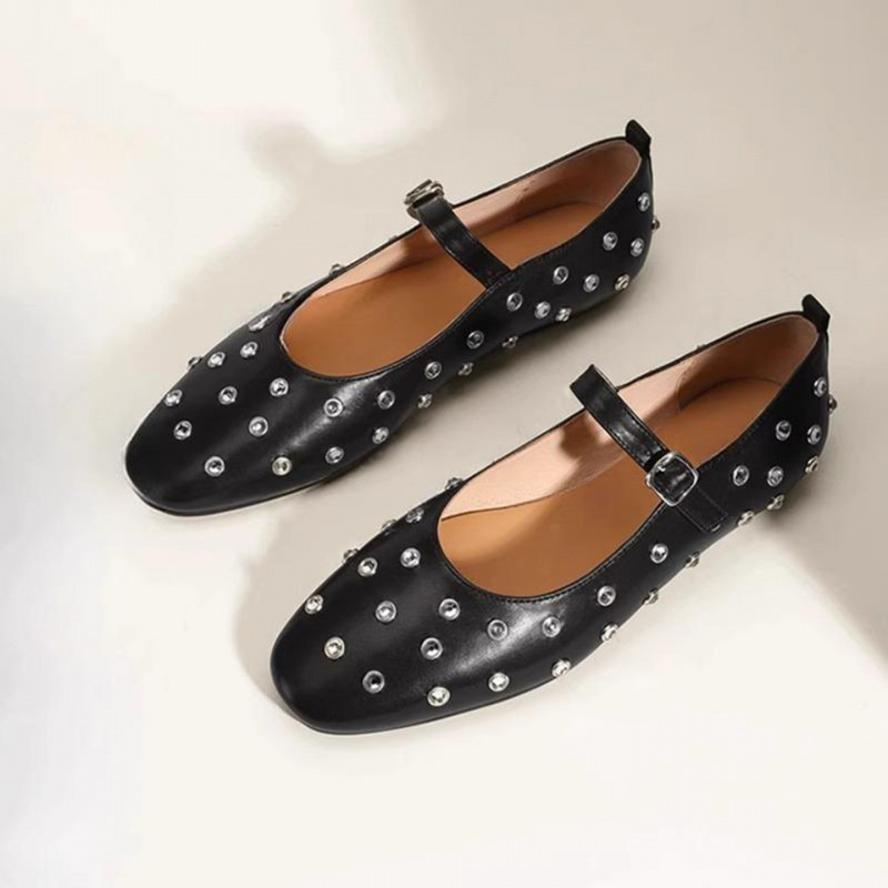Cowhide Buckle Strap Ballet Flat Shoes French Retro Rivet Mary Jane Pumps