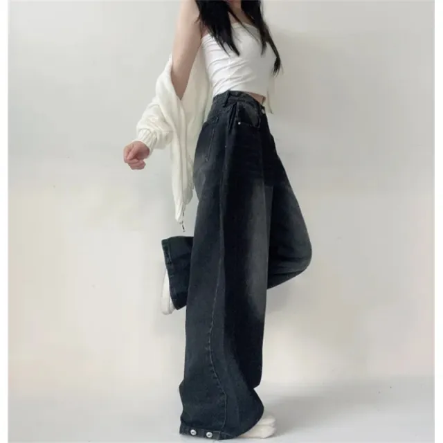 Washed Blue Wide leg Jeans High Waist Loose Straight Long Pants Black - Shop at LoveMi