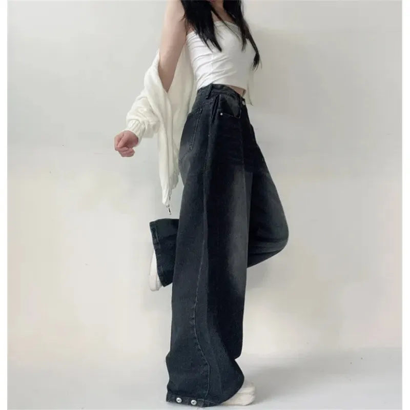 Washed Blue Wide-leg Jeans High Waist Loose Straight Long Pants - Black