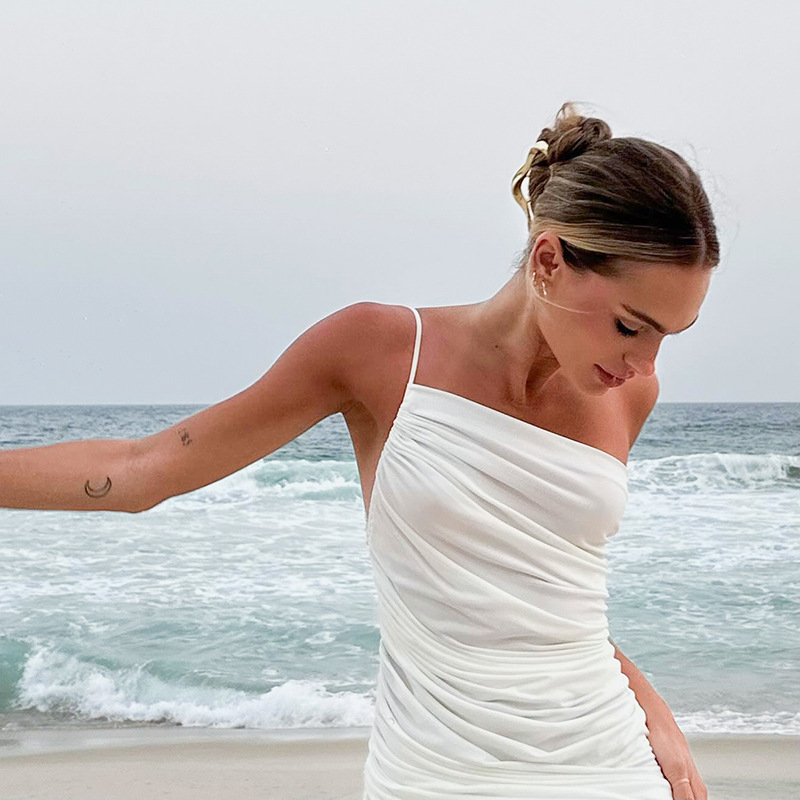 Women's Pleated Shoulder Sleeveless Drawstring Dress