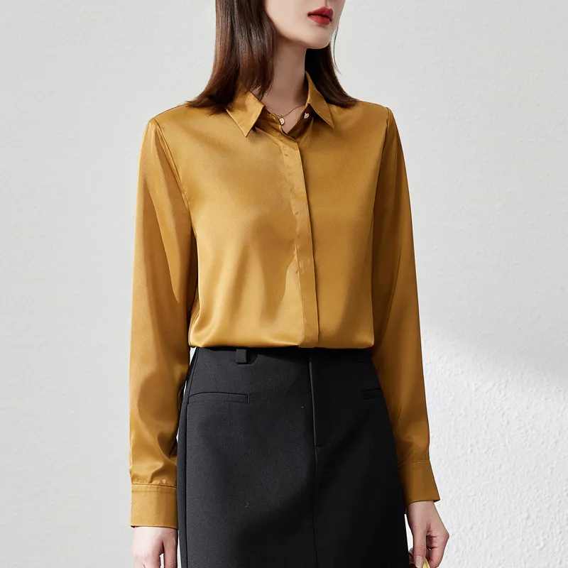 Graceful Satin Top OL Business Clothing Shirt For Women - Yellow