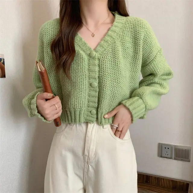 Early Spring Cardigan Short V neck Sweater Coat Green - Shop at LoveMi
