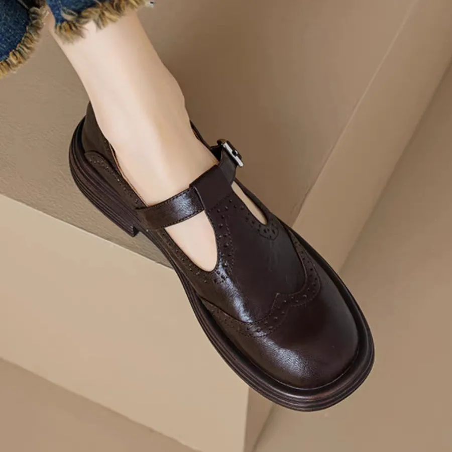 Casual Sheepskin Hollow Flower Flat Heel Loafers Women's Autumn Shoes Round Toe - Brown