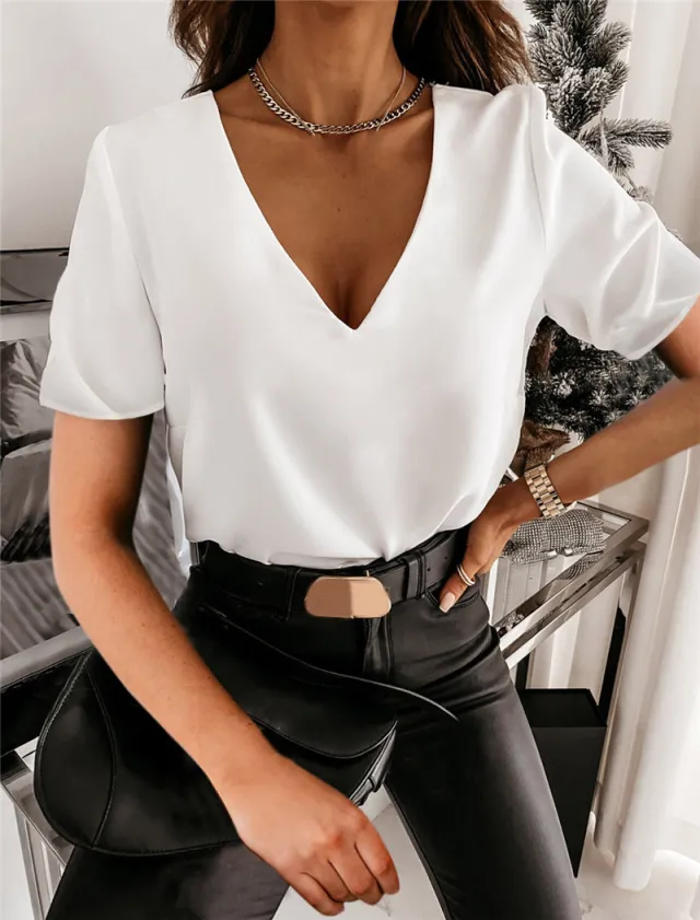 Women's Fashionable Temperament V neck Lace Ruffled Short Sleeves Top White - Shop at LoveMi
