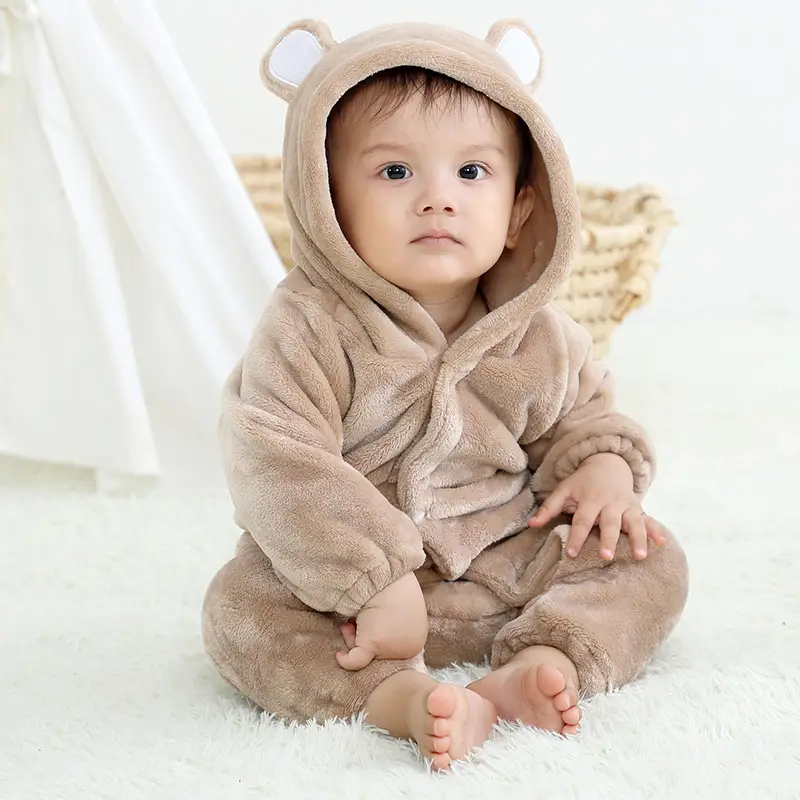 Flannel Romper Child Bear Jumpsuit Hooded Single-breasted Romper