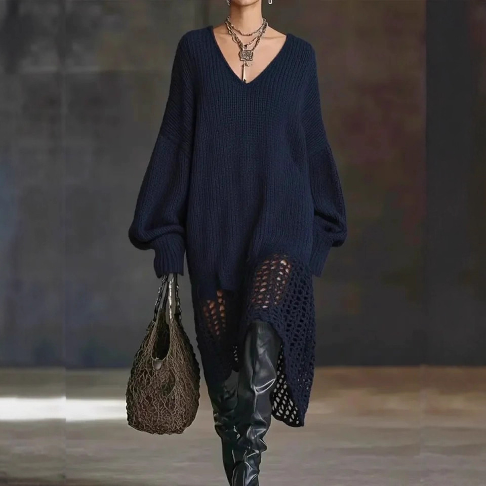 V neck Knitted Dress With An Asymmetrical Hem Cutout Detailing Navy - Shop at LoveMi