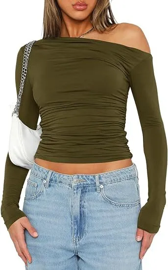 Women's Shoulder Asymmetric Solid Color Top Long Sleeve Green - Shop at LoveMi