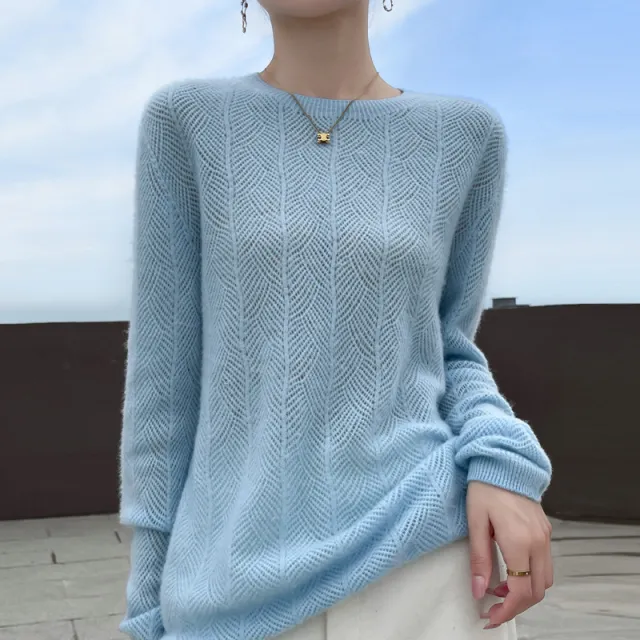 Pure Wool Round Neck Sweater Women's Hollow Top Lake Blue - Shop at LoveMi