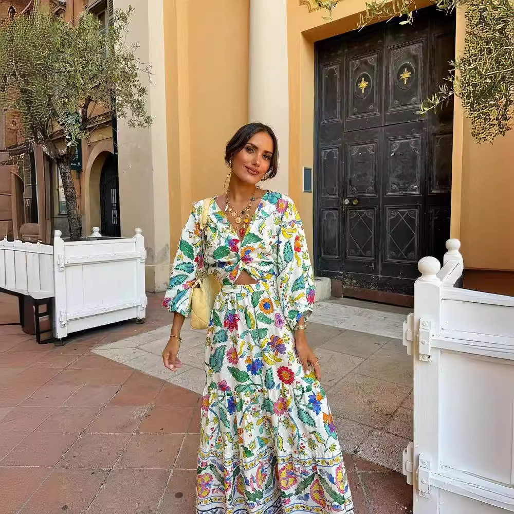 Cross-border European and American women's clothing AliExpress explosive style lantern sleeve printed cut-out dress