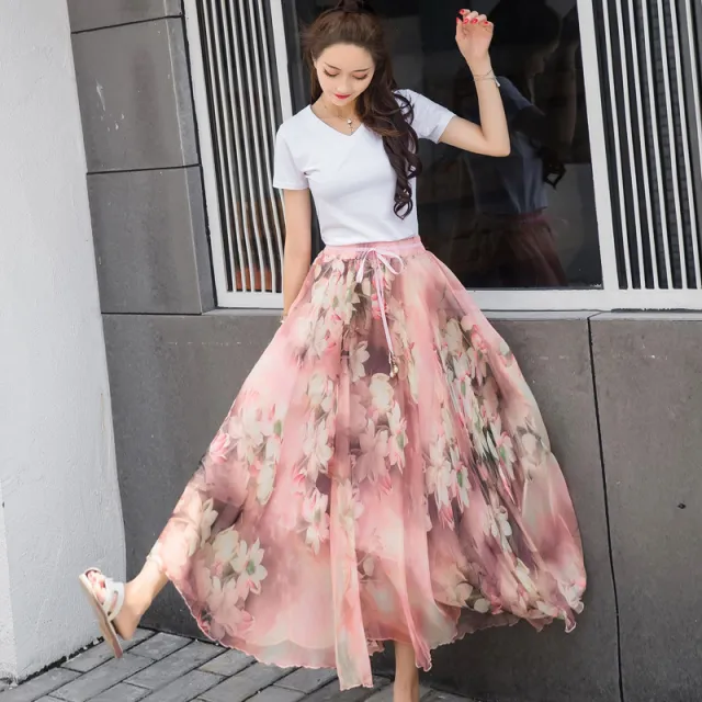 Chiffon Skirt Women's Summer New Expansion For Vacation Long Skirt Cherry Pink - Shop at LoveMi