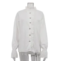 Stand Collar Diamond Lace Ruffled Shirt - Tan - View 1