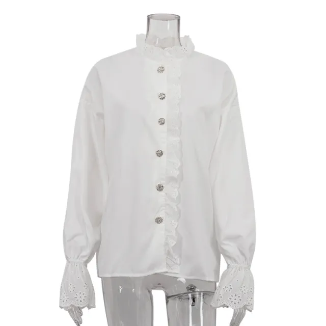 Stand Collar Diamond Lace Ruffled Shirt Tan - Shop at LoveMi