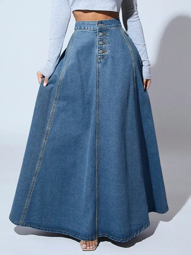 Retro Style Fashionable Large Swing Design Single breasted Denim Skirt Dark Blue - Shop at LoveMi
