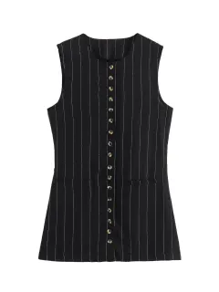 Women's Black Pinstripe Vest Suit - Top - View 1