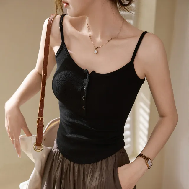 Solid color Buttoned Cropped Camisole Black - Shop at LoveMi