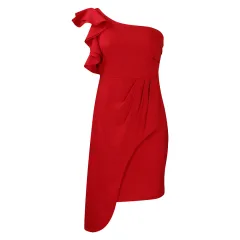 Fashion Diagonal Collar Ruffled Hip-wrapped Temperament Ol Dress - Red - View 1