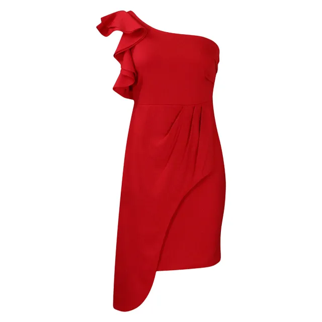 Fashion Diagonal Collar Ruffled Hip wrapped Temperament Ol Dress Red - Shop at LoveMi