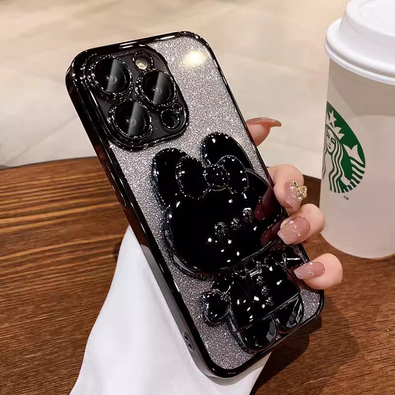 Electroplated Rabbit Stand Phone Case With Makeup Mirror Gradient Protective Cover