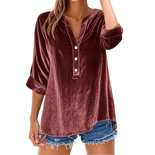 Womens Long sleeve Solid color V neck Loose fit Blouse Red - Shop at LoveMi