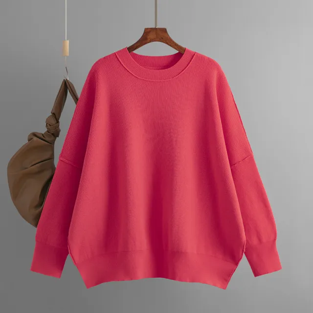 Autumn And Winter New Women's Fashion Round Neck Sweater Solid Color Loose Pullover Red - Shop at LoveMi
