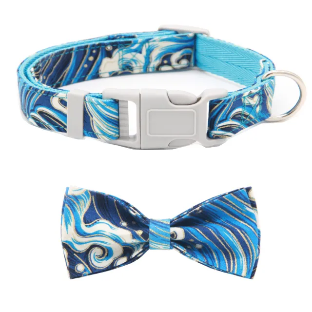 Dog Collar Adjustable Pet Collar Floral Bow Floral Fabric Ribbon Thickened Double Layer Collar Bow Tie Blue - Shop at LoveMi