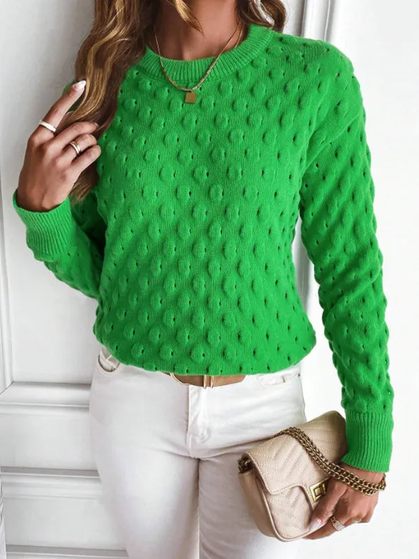 Pullover Round Neck Long Sleeves Knitwear Solid Color Top Green - Shop at LoveMi