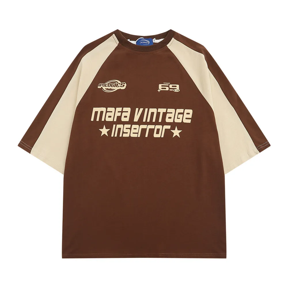 Women's American Street-letter Cotton Stitching Short Sleeve - Brown
