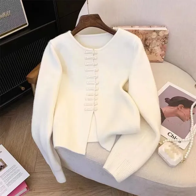 Lazy And Versatile New Chinese style Buttoned Knitwear White - Shop at LoveMi