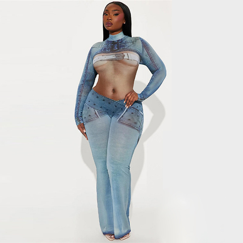 Title 9, Denim Printing Mesh See-through Jumpsuit