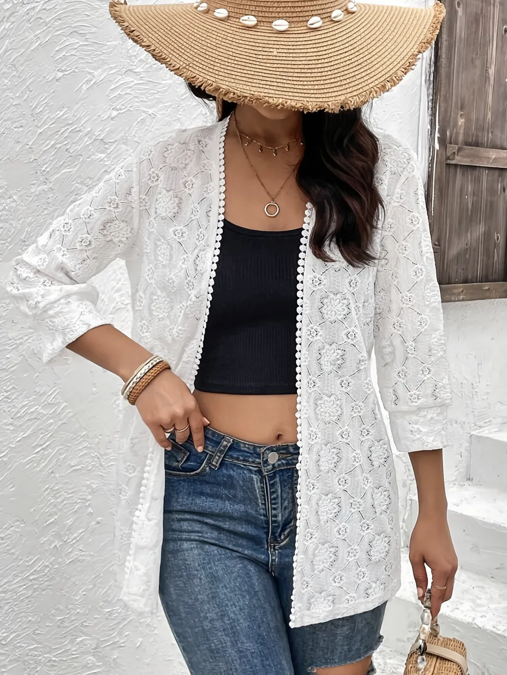 Elegant Lace Stitching Lace Cardigan Shawl - White