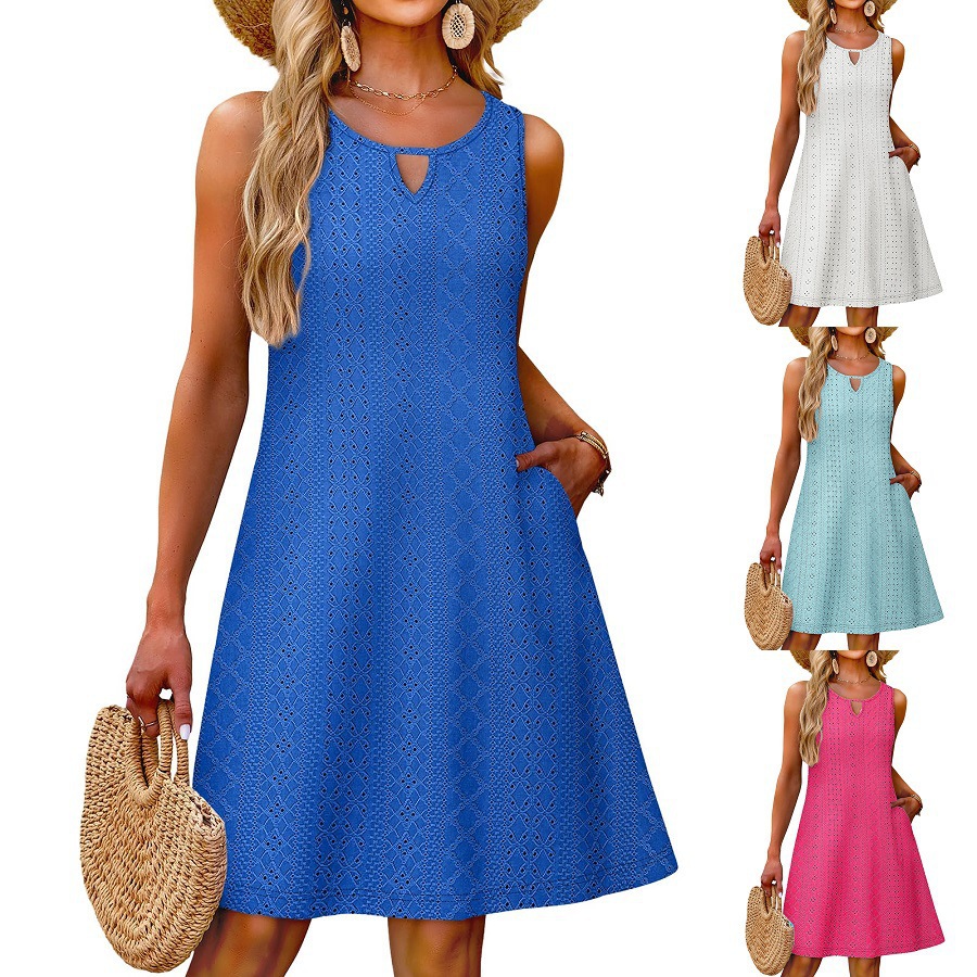 Sleeveless Solid Color Hollow Out Eyelet V Neck Casual Slip Dress