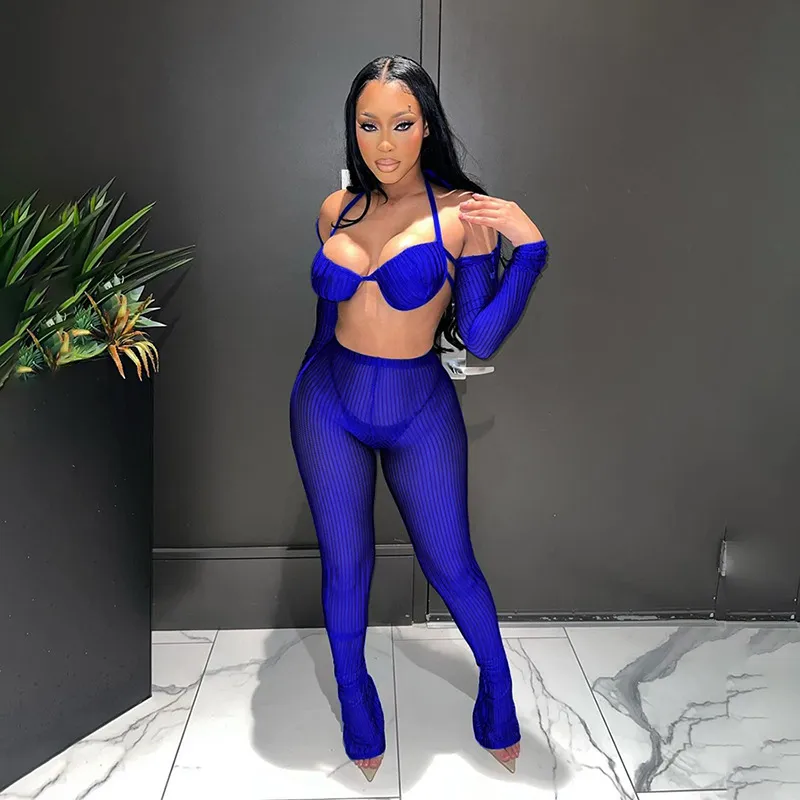 Women's Fashion Lace-up Slim Pants Suit - Blue