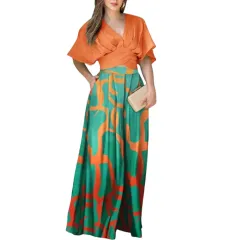 Women's Summer Short-sleeved Top And Pocket Trousers Printed Two-piece Suit - Orange - View 1
