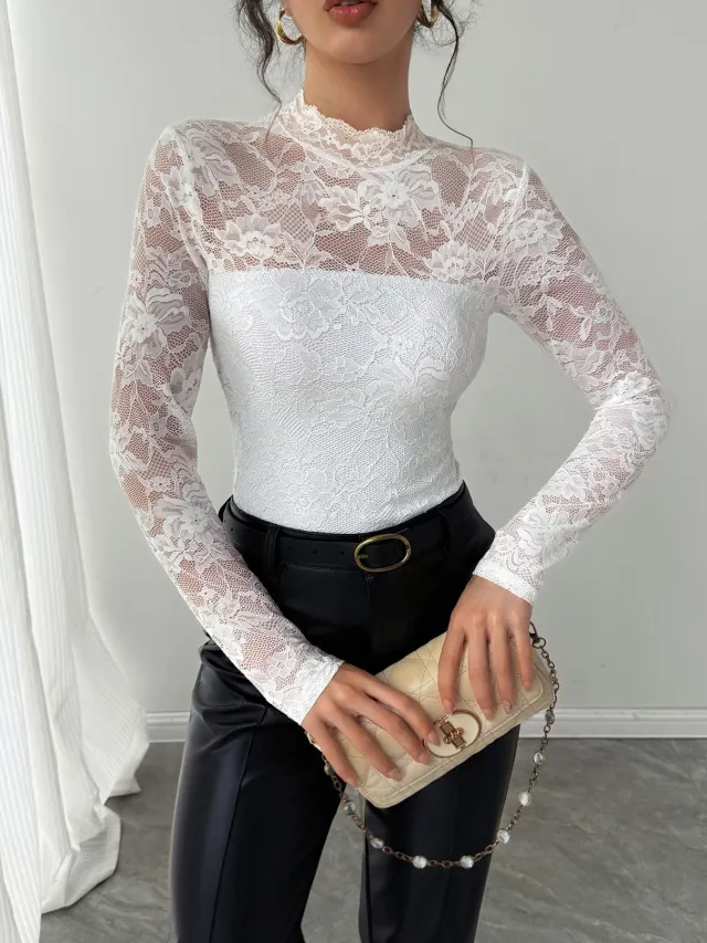 European And American Style Lace Stitching Back Long sleeve Zipper Slim Fit Slimming Top Women White - Shop at LoveMi