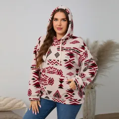 Loose Casual Long Sleeves Plush Large Pocket Top - Totem Red - View 1