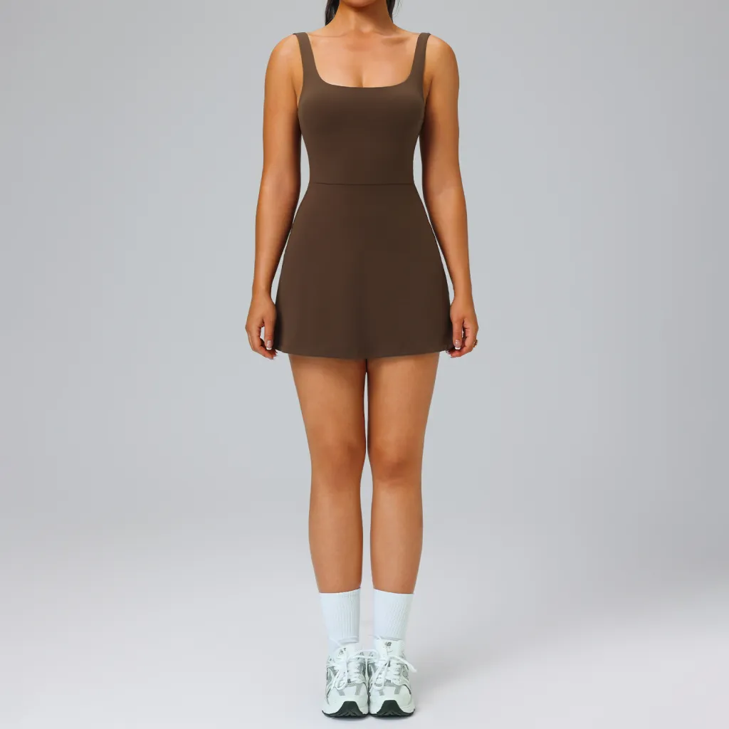 European And American Nude Feel Beauty Back Exercise Dress - Brown
