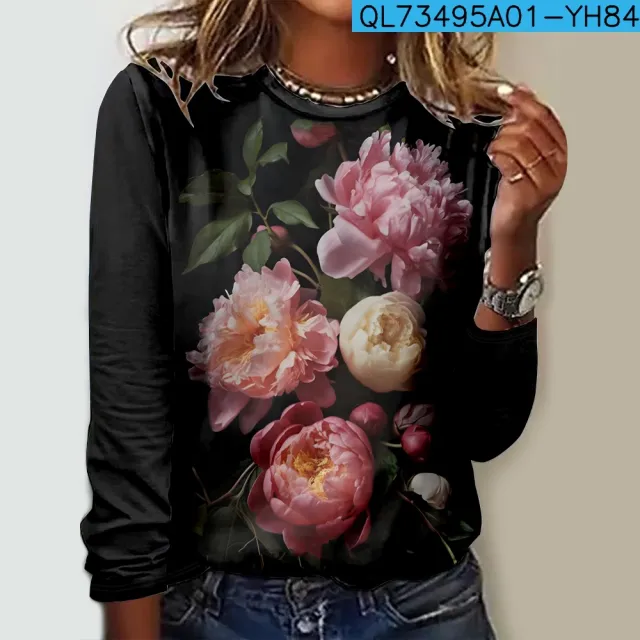 Floral Element Creative Printing Casual Trendy Tops Black - Shop at LoveMi