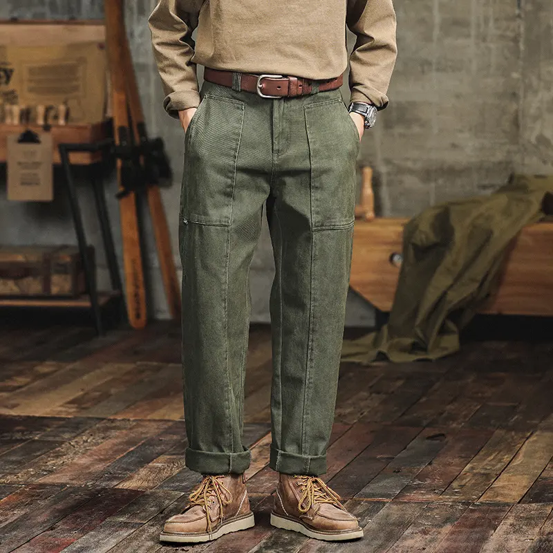Retro Army Green Casual Pants Men's Loose Straight Cargo