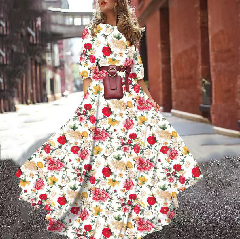 Printed Large Swing Elegant Chiffon Floral Slim fitting Dress Red Flower - Shop at LoveMi