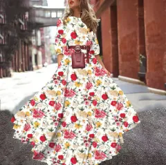 Printed Large Swing Elegant Chiffon Floral Slim-fitting Dress - Red Flower - View 1