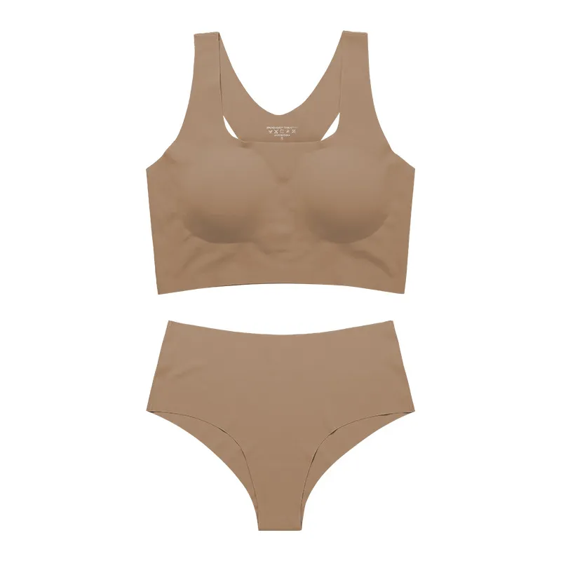 Women's Underwear Suit Plus Size Sports Without Steel Ring Push Up Removable Pad - Beige Camel