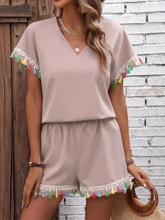 Women's Suit V-neck Short Sleeve Top Shorts - Picture Color-S - View 1