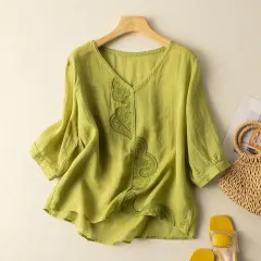 Women's Fashionable Simple Embroidered Ramie Shirt Top - Green - View 1