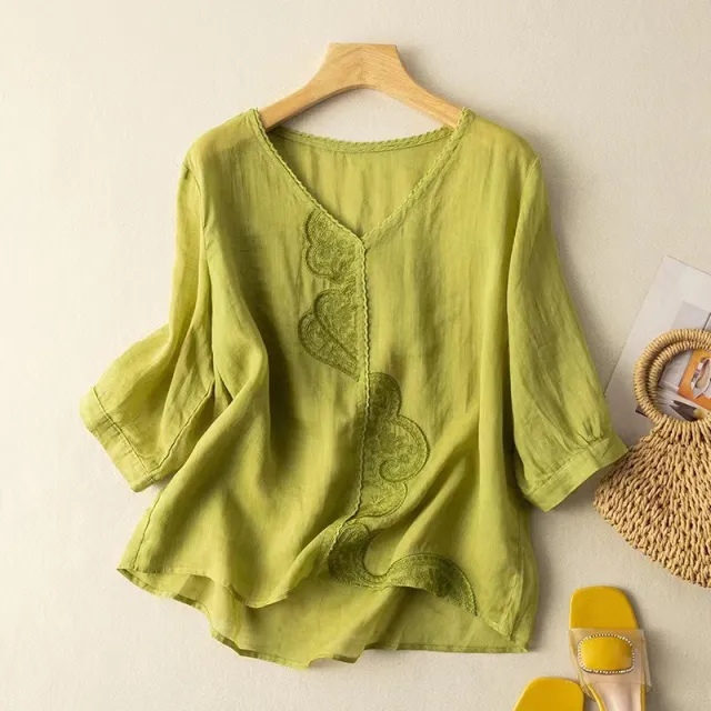 Women's Fashionable Simple Embroidered Ramie Shirt Top Green - Shop at LoveMi