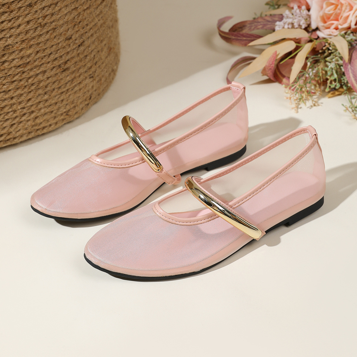 Round-toe Mesh Breathable Strap Flat Shoes For Women