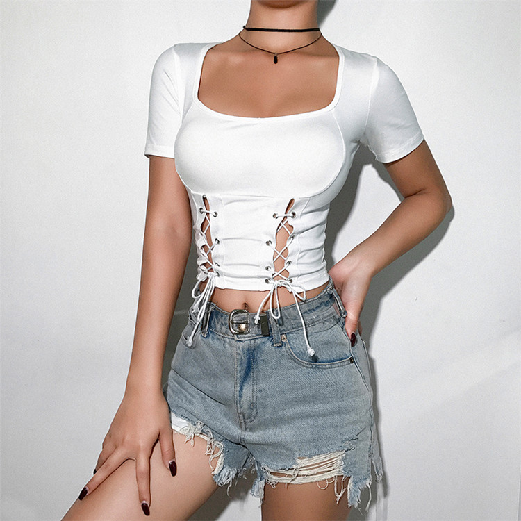 Title 8, Square Neck Lace Drawstring Sexy Navel Slim T-s...